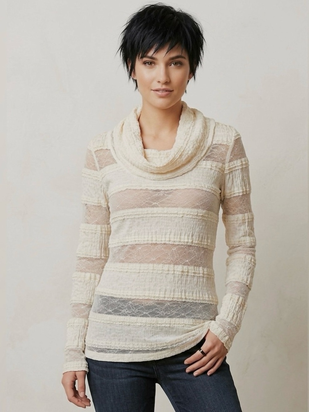 Anthropologie Tiny Pieced Lace Cowlneck Pullover Blouse Top, Cream, Size XS, NWT